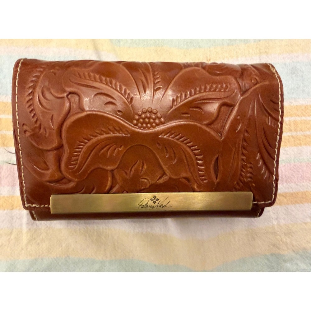 Patricia Nash Cametti Leather Trifold Wallet in Florence Tooled Tan/Brown
